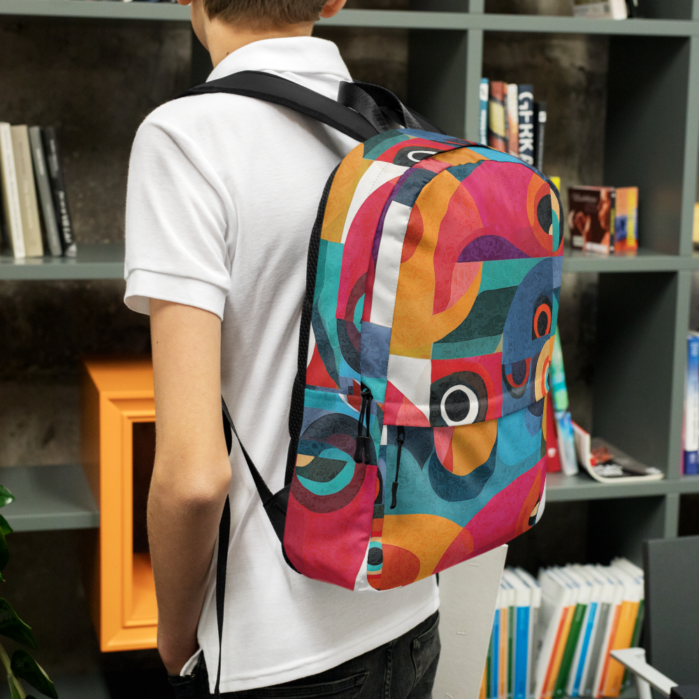 Colorful tropical backpack with abstract tucano-inspired pattern