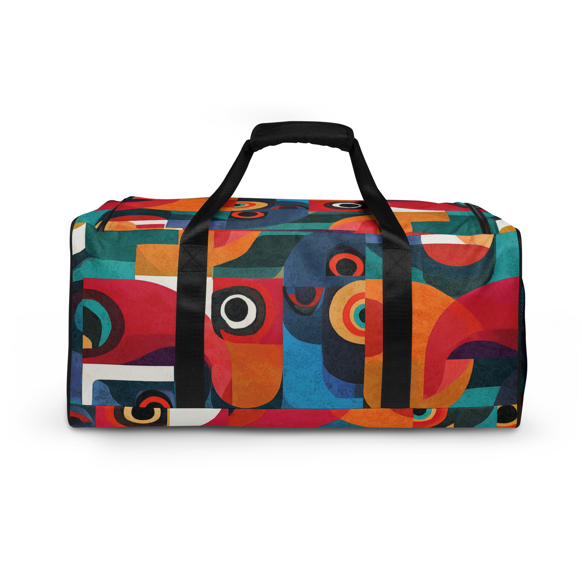 colorful tropical duffle bag with abstract tucano pattern