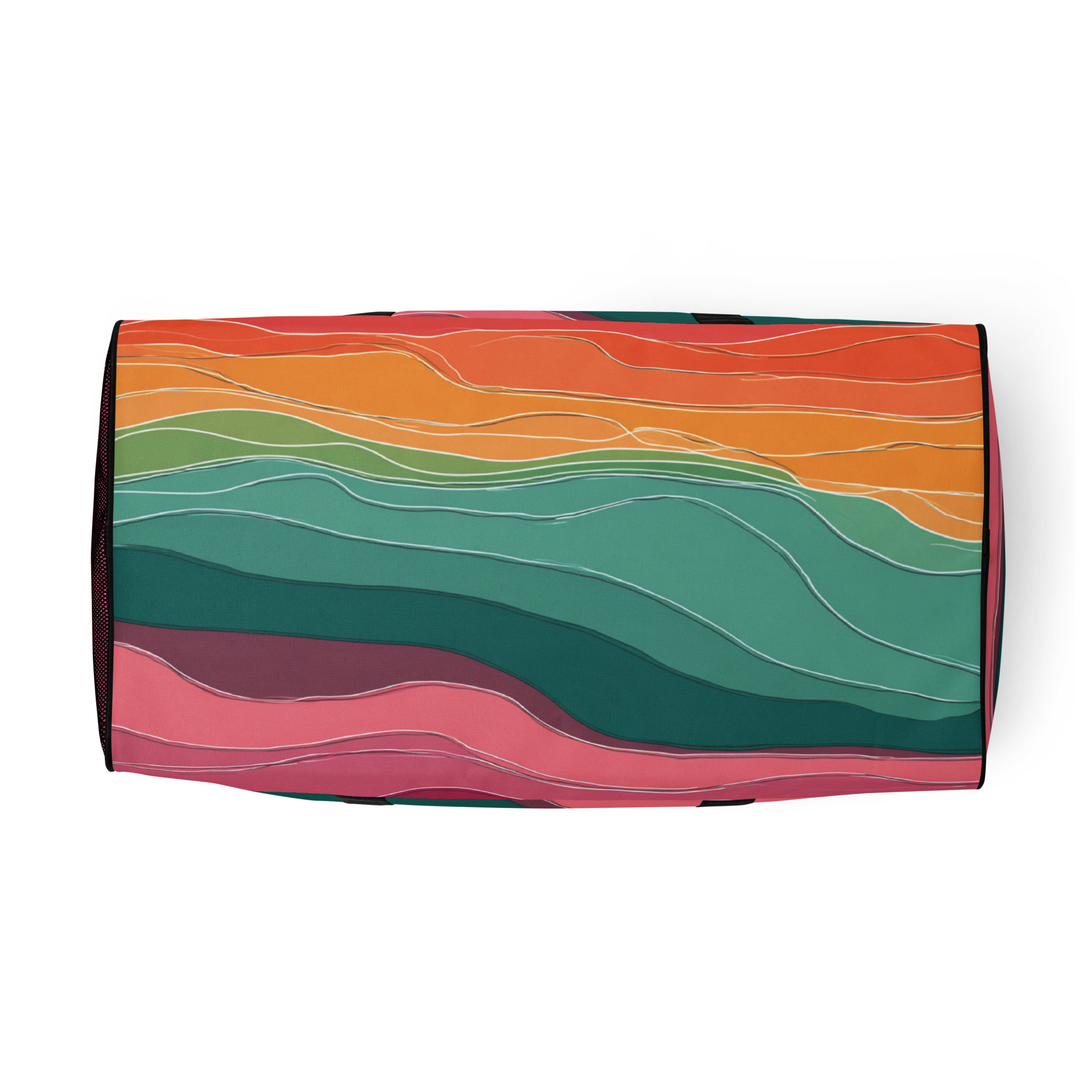 tropical duffle bag with colorful sunset pattern in coral, yellow and teal tones