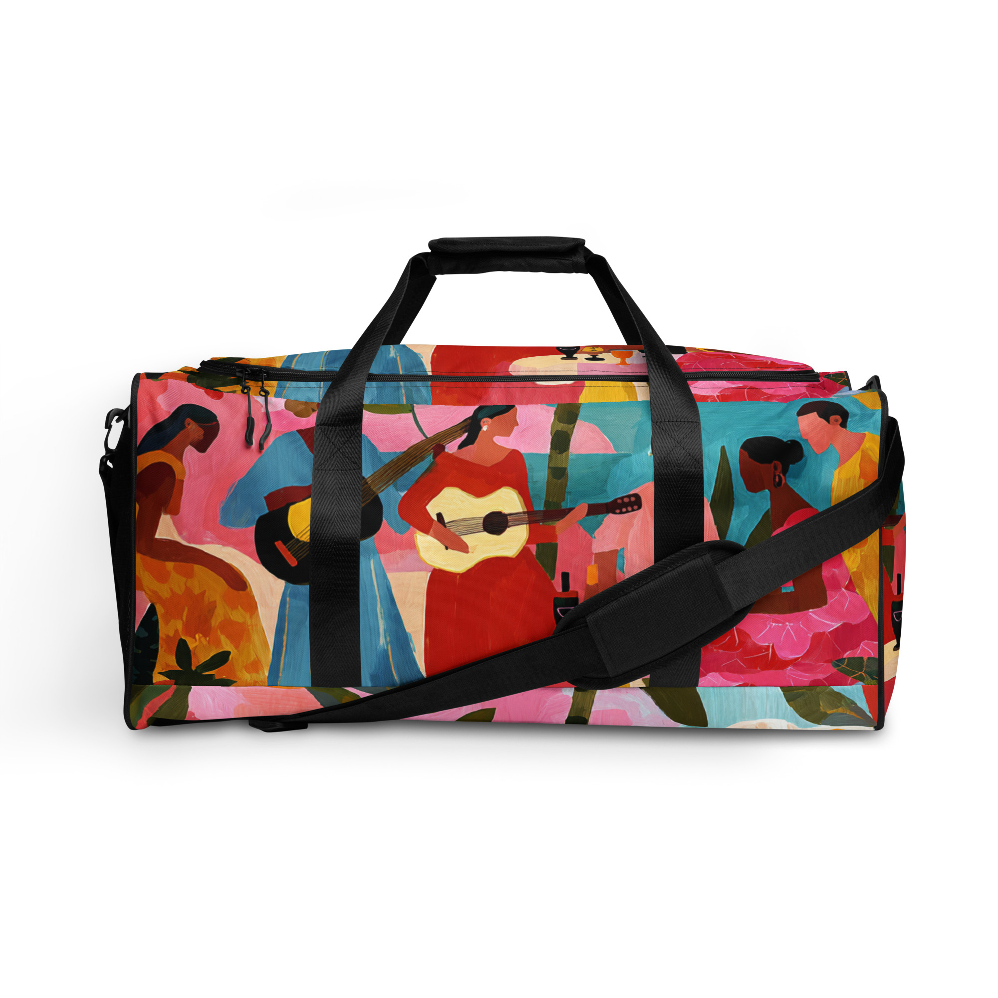 brazilian duffle bag with colorful bossa nova illustration inspired by rio de janeiro