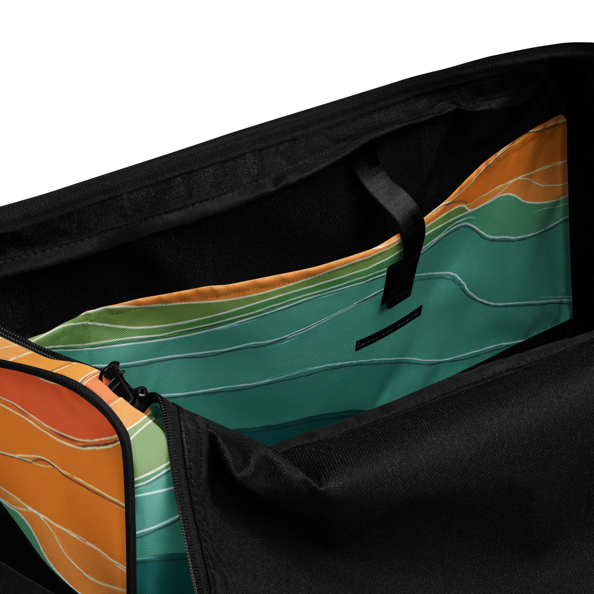 tropical duffle bag with colorful sunset pattern in coral, yellow and teal tones