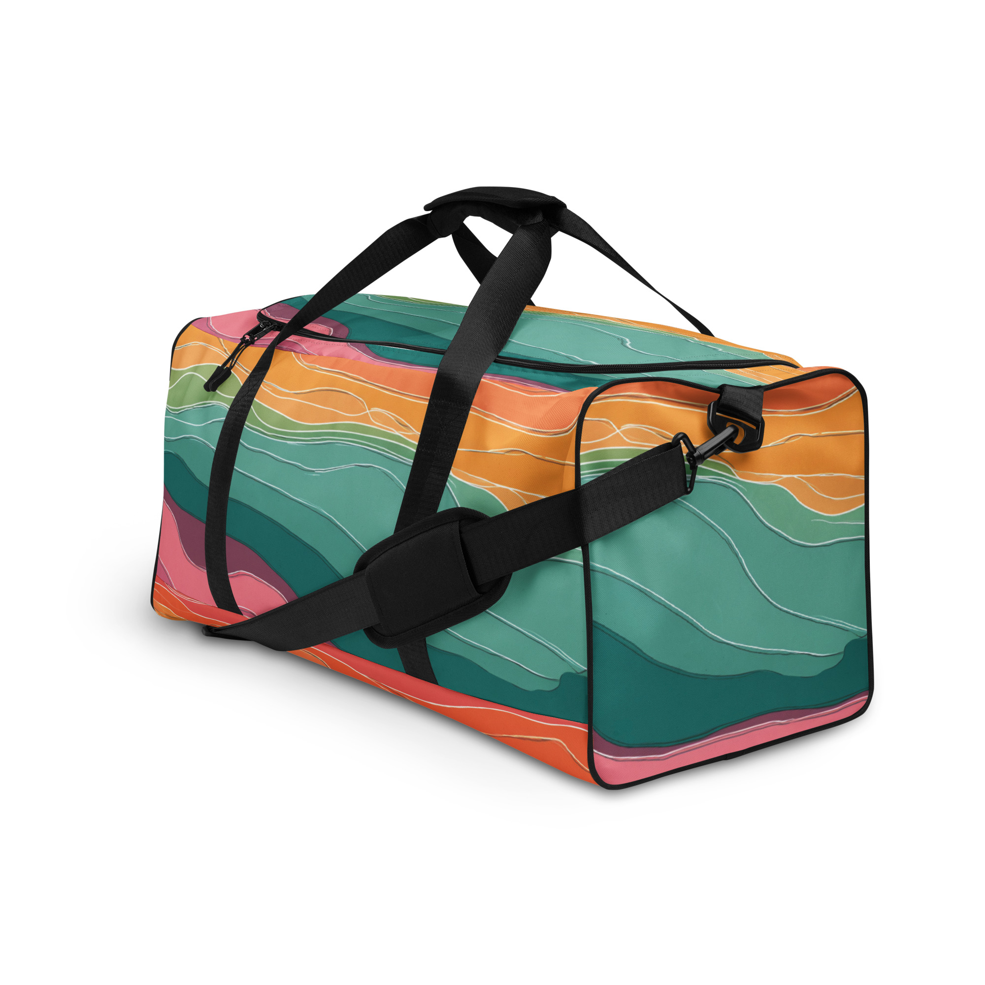 tropical duffle bag with colorful sunset pattern in coral, yellow and teal tones