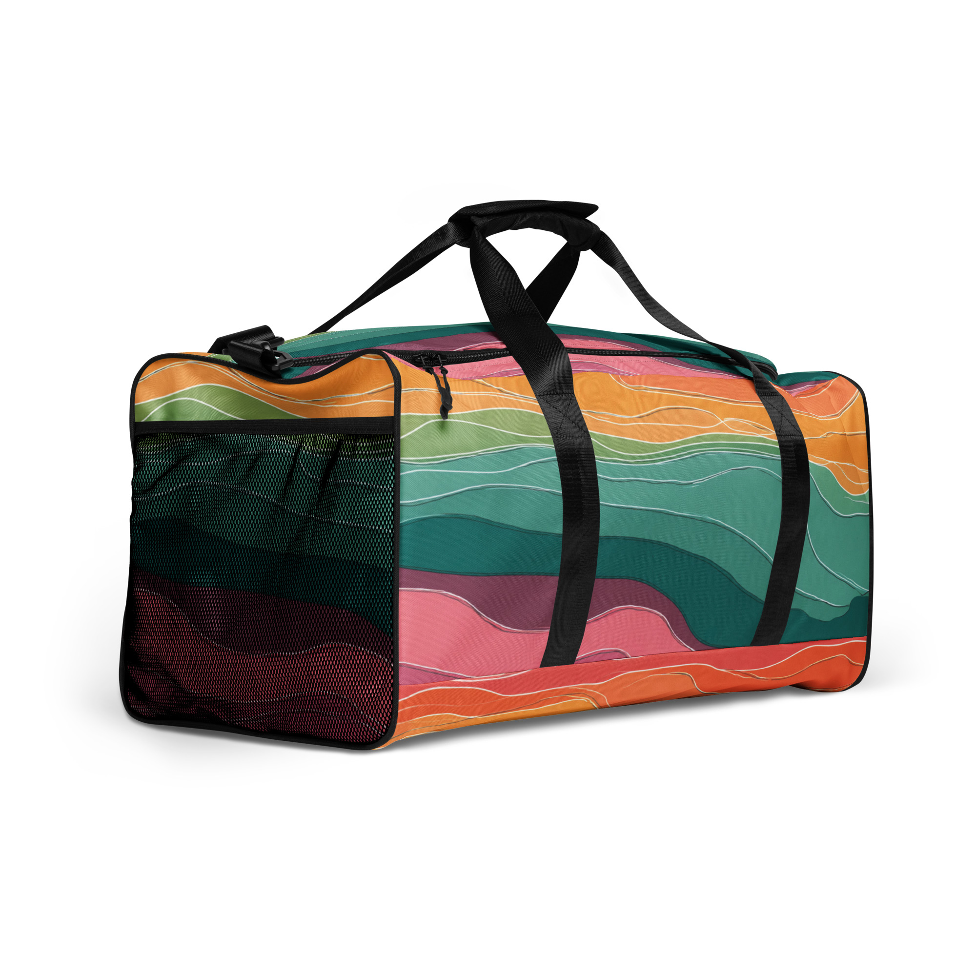 tropical duffle bag with colorful sunset pattern in coral, yellow and teal tones
