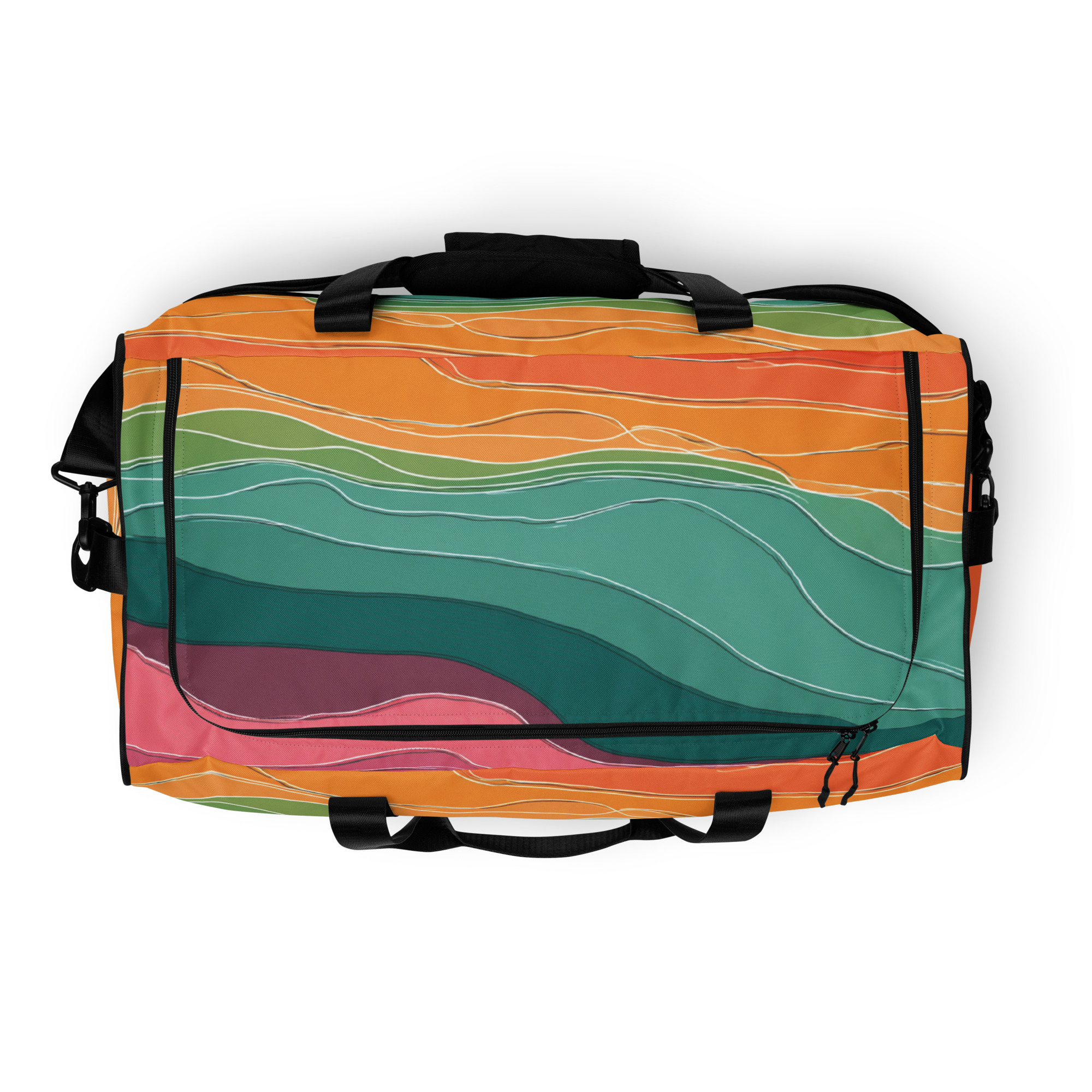 tropical duffle bag with colorful sunset pattern in coral, yellow and teal tones