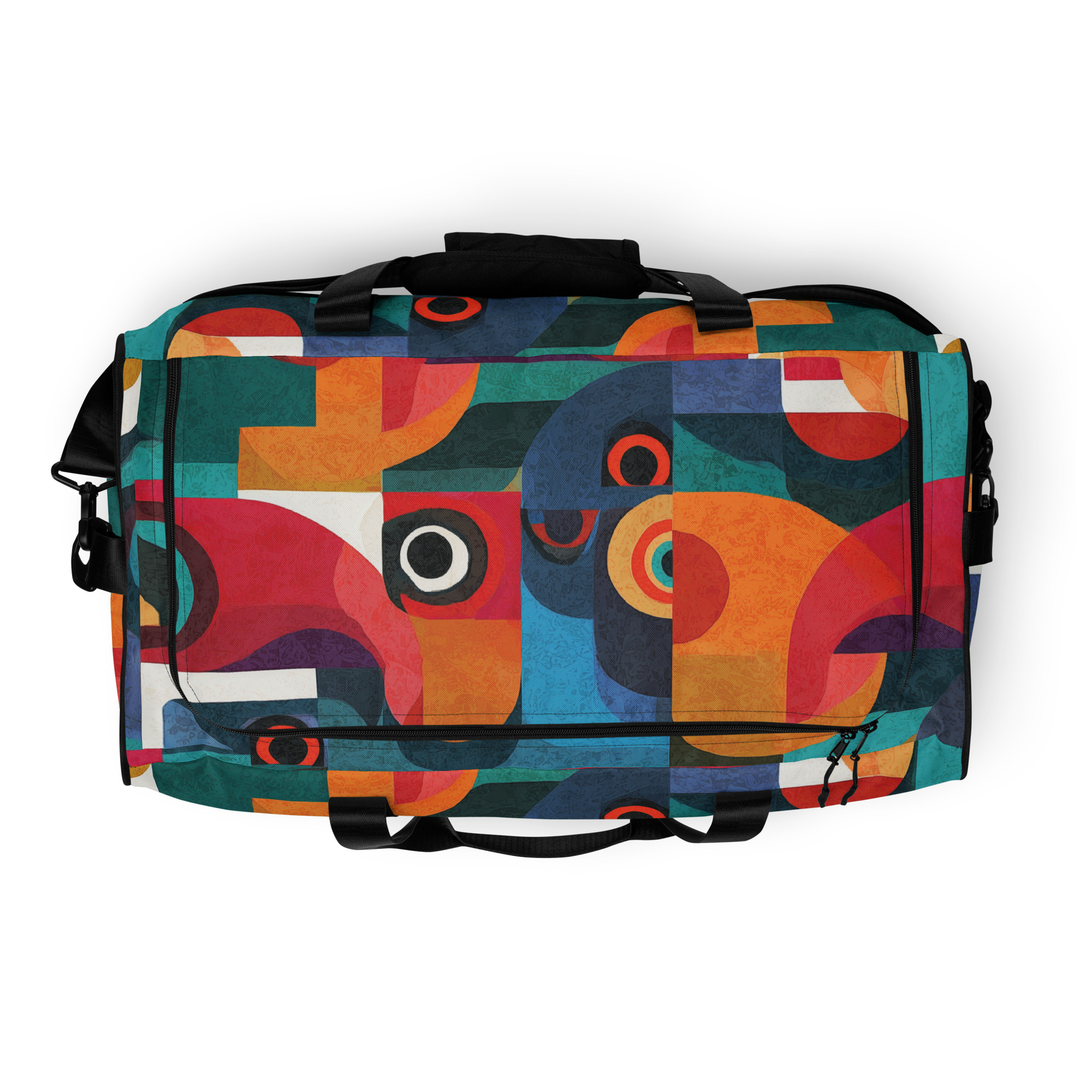 colorful tropical duffle bag with abstract tucano pattern