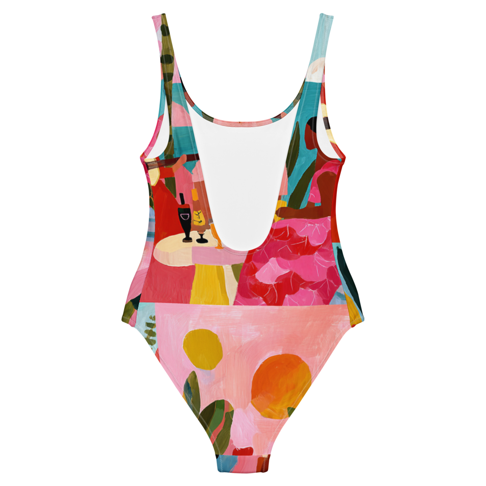colorful one piece swimsuit with tropical music scene design from bossa nova collection