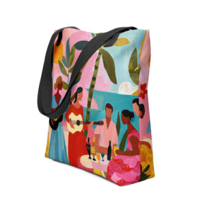 brazilian tote bag with colorful bossa nova illustration inspired by rio de janeiro