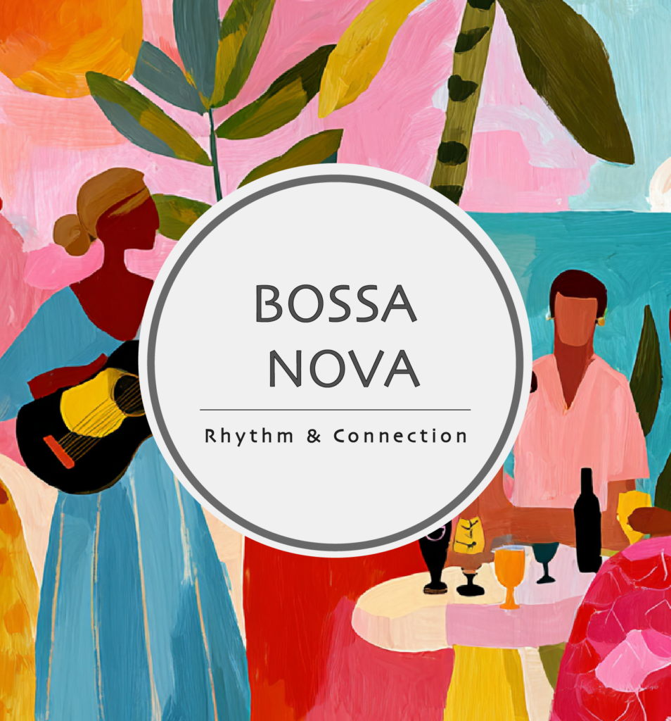 Bossa Nova collection inspired by Brazilian music, featuring people playing guitar in a tropical Rio de Janeiro setting