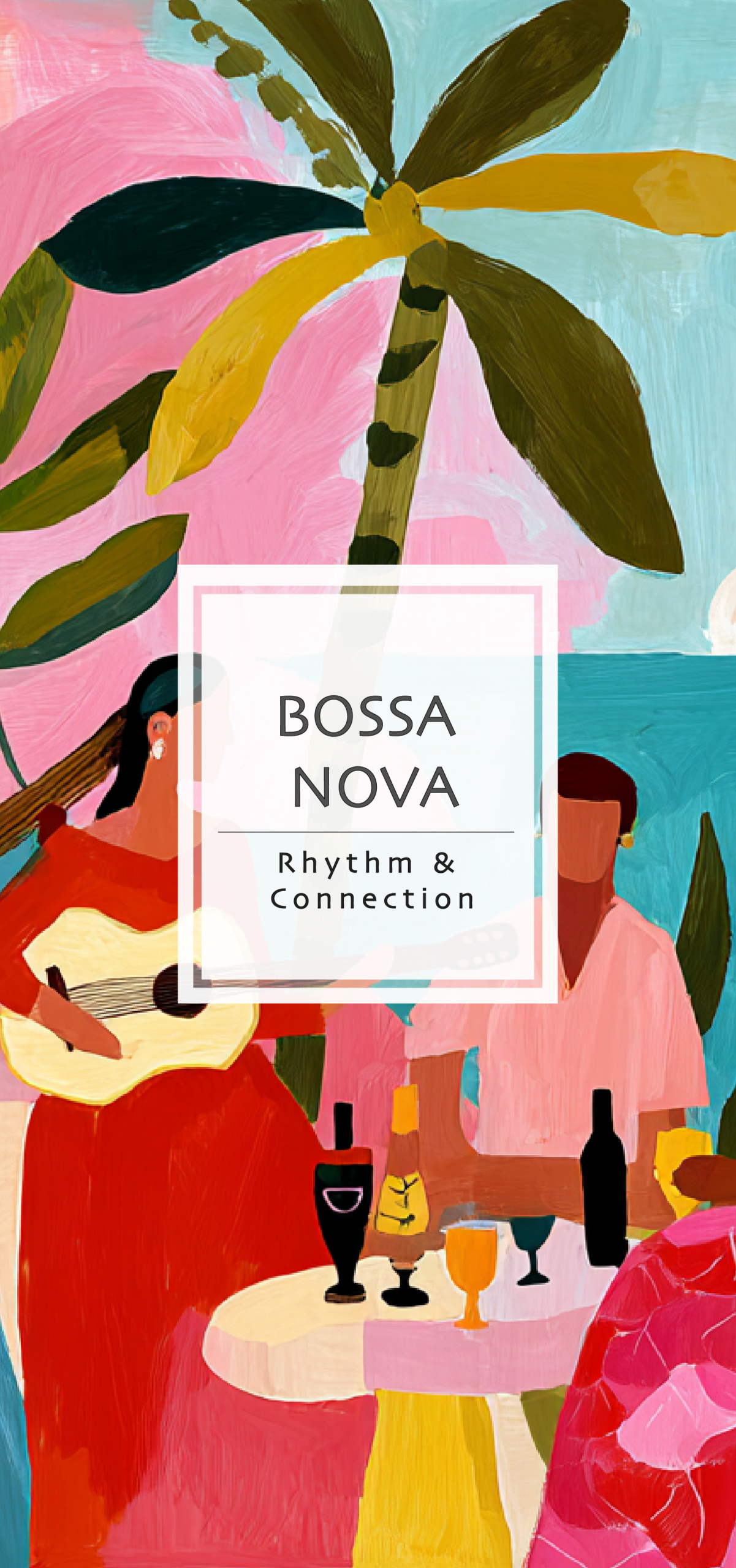 Colorful illustration of a Brazilian music gathering with guitars, tropical plants and warm sunset tones