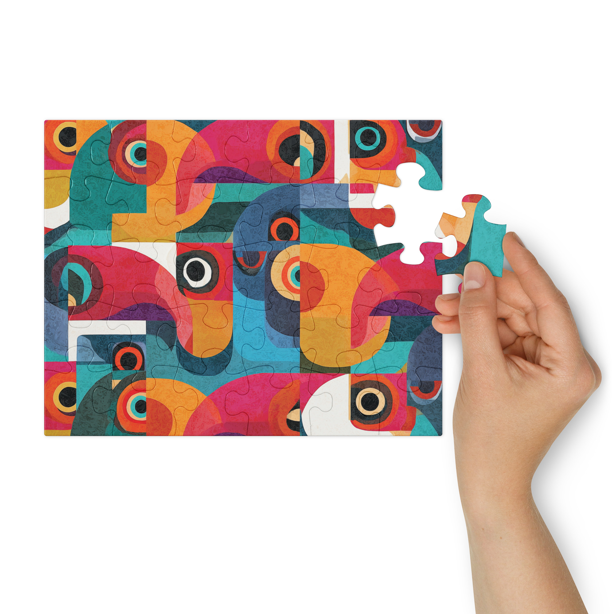 jigsaw puzzle with colorful abstract tropical tucano design in vibrant tones