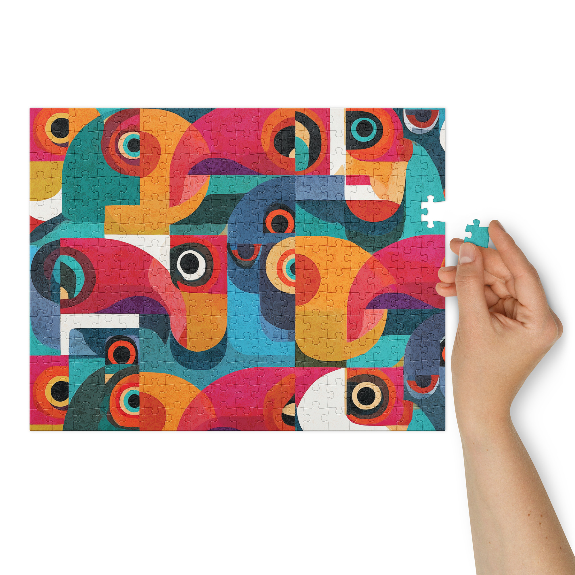 jigsaw puzzle with colorful abstract tropical tucano design in vibrant tones